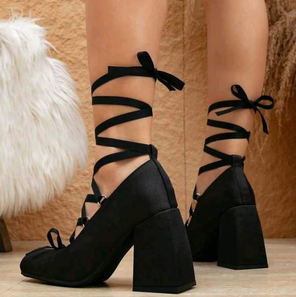 Cross-Tied Square Toe High Heel Pumps,Ribbon Bow Ballet Style For French Girly - Picture 3 of 4